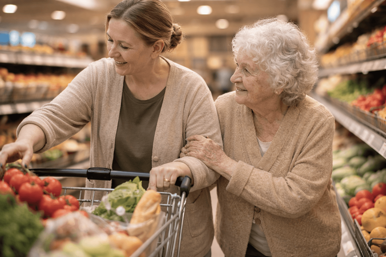 Alltagsbegleiterin und Seniorin gemeinsam beim Lebensmitteleinkauf im Supermarkt