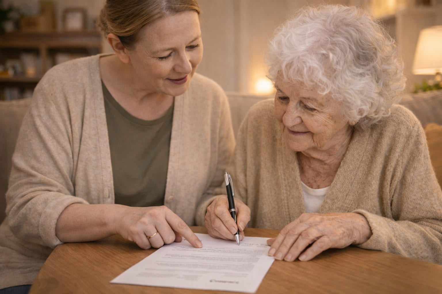 Alltagsbegleiterin hilft Seniorin beim Ausfüllen eines Dokuments